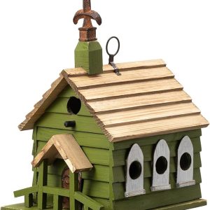 Hand-Painted Outdoor White Distressed Bird House - Green