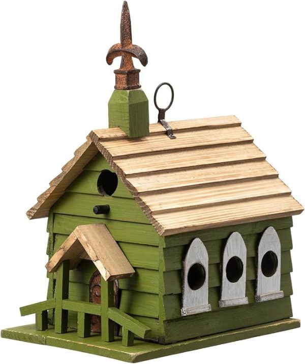 Hand-Painted Outdoor White Distressed Bird House - Green