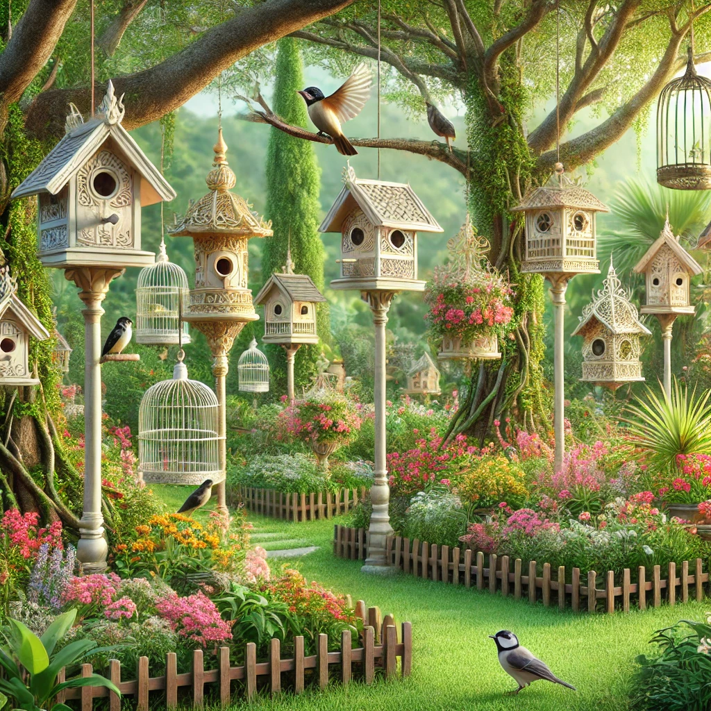 Vibrant Garden With Elegant Birdhouses - 03