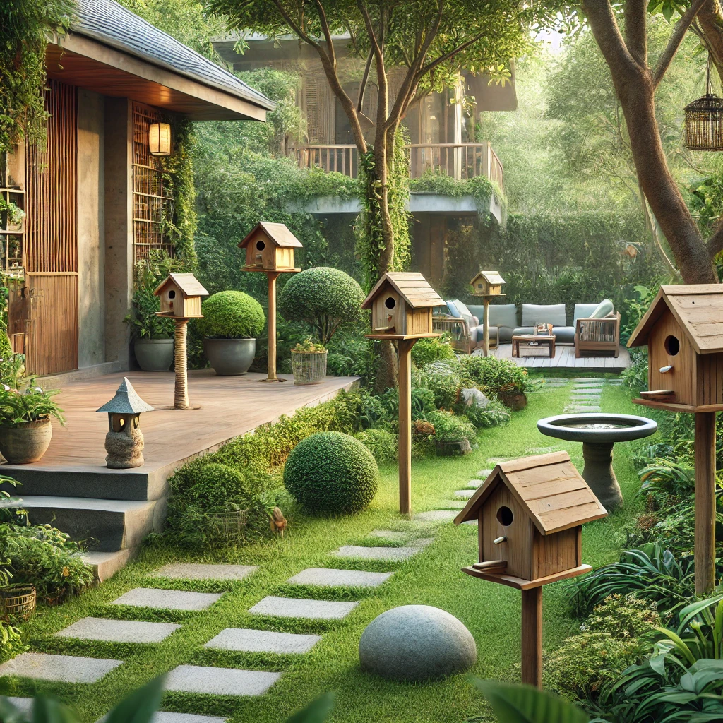 Whimsical Garden Scene With Unique And Colorful Birdhouses - 02